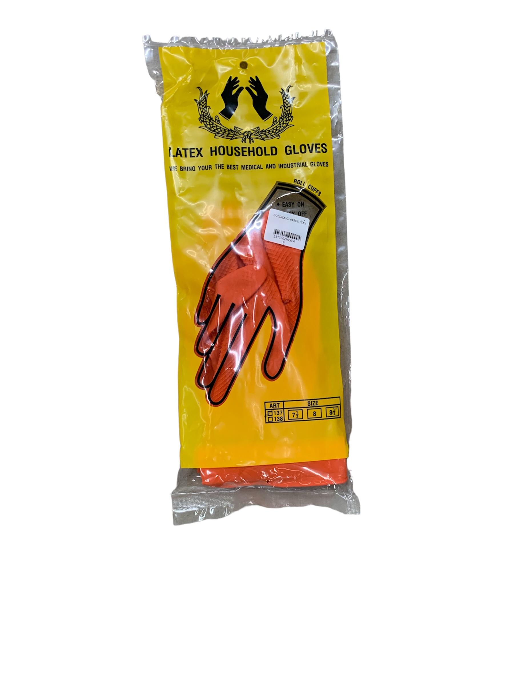 GOLDHAND ถุงมือยางสีส้ม ไซต์ L แบรนด์ บางกอกโลหะกิจ - ฮาร์ดแวร์ ราคา 30 บาท