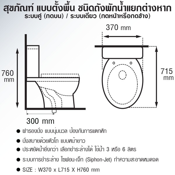 BLUE DIAMOND สุขภัณฑ์ สองชิ้น หน้ายาว ฝาสโลว์ กดบน FH2462T 3/6ลิตร - ภาพที่ 4