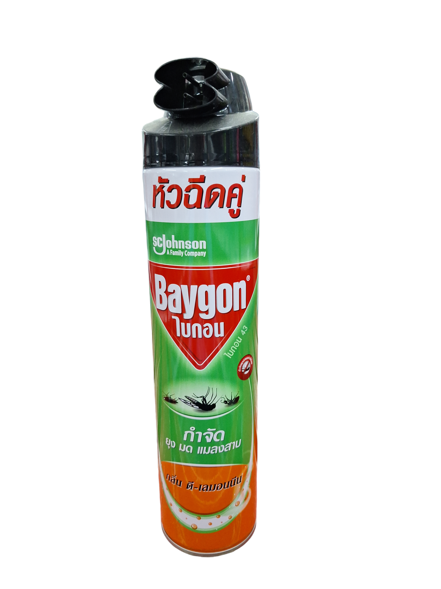 ไบกอน เขียว/ส้ม หัวฉีดคู่ กลิ่น ดี-เลมอนนีน (ยุง) 600มล. - ตกแต่ง ราคา 135 บาท