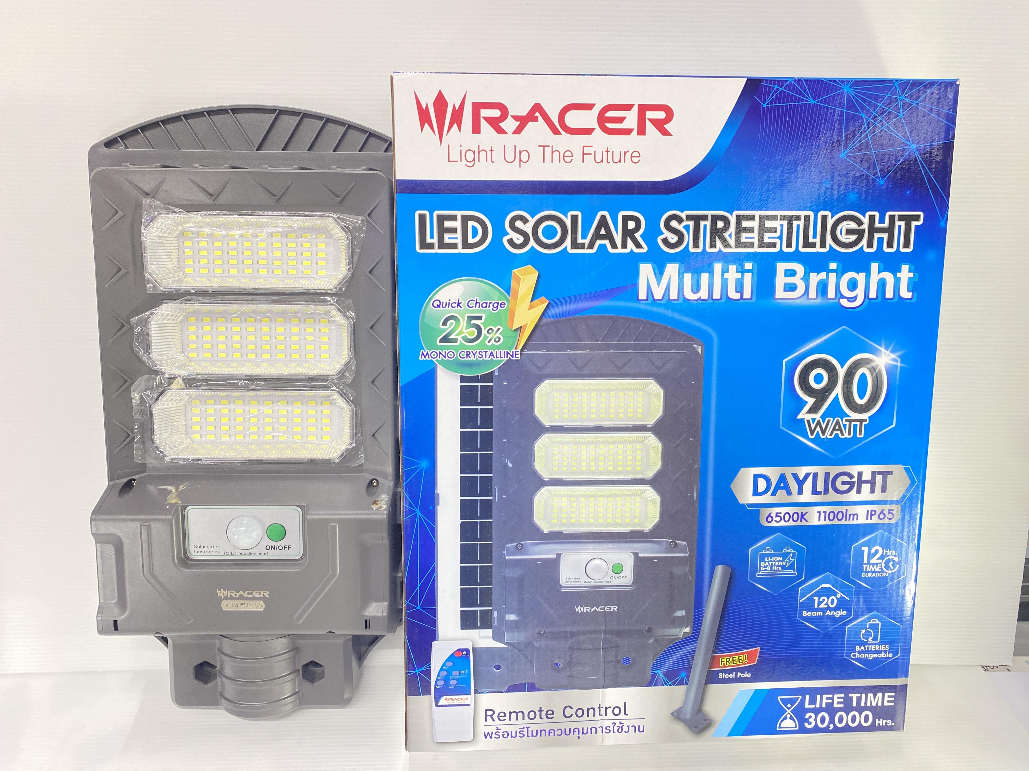 RACER โคมไฟถนนโซล่าห์เซลล์ มัลติ ไบร์ท 90W แสงขาว (5/ลัง)