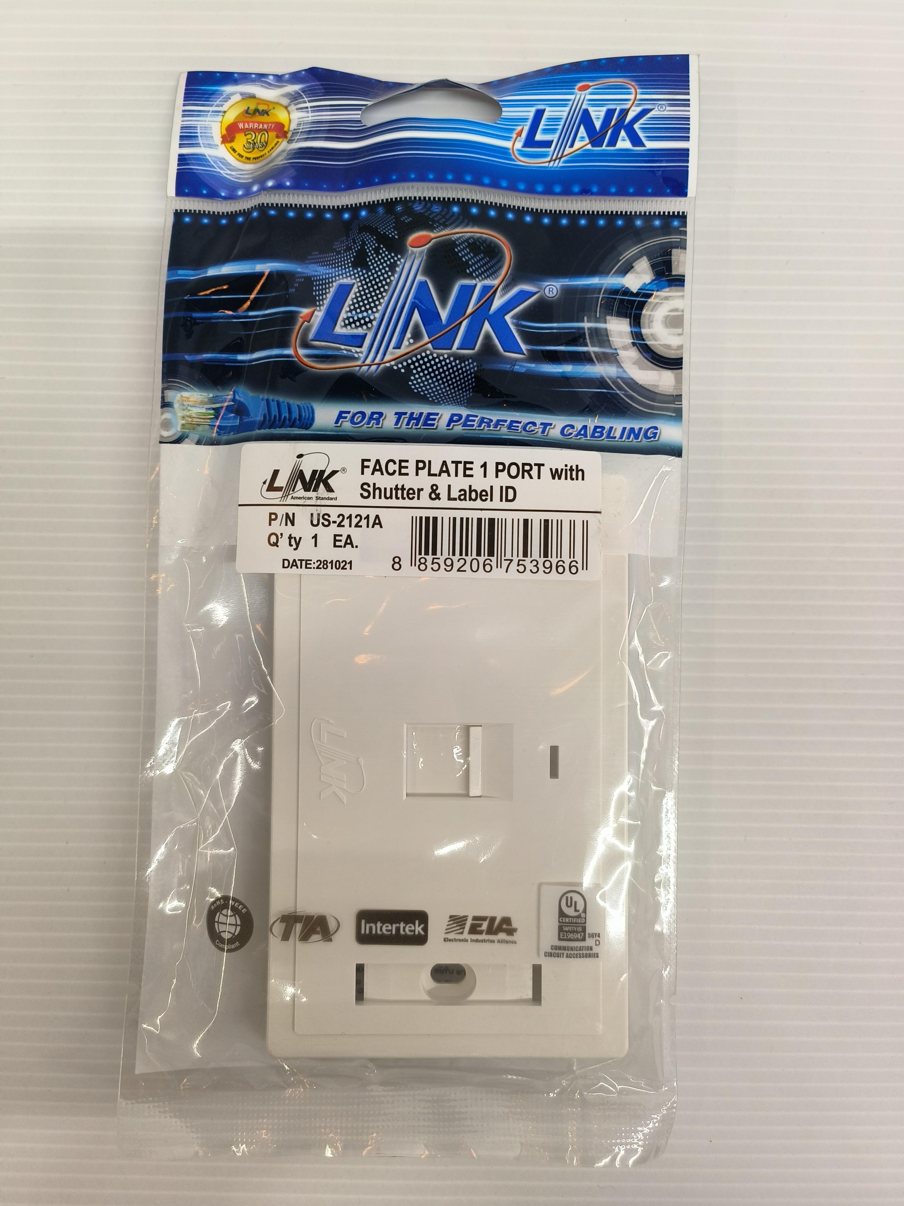 LINK หน้ากากครอบกับหัวแลน แบบ 1ช่อง มีSHUTTER มีป้ายชื่อ US2121A แบรนด์ อินเตอร์ลิ้งค์ - ระบบไฟฟ้าและระบบน้ำ ราคา 21 บาท