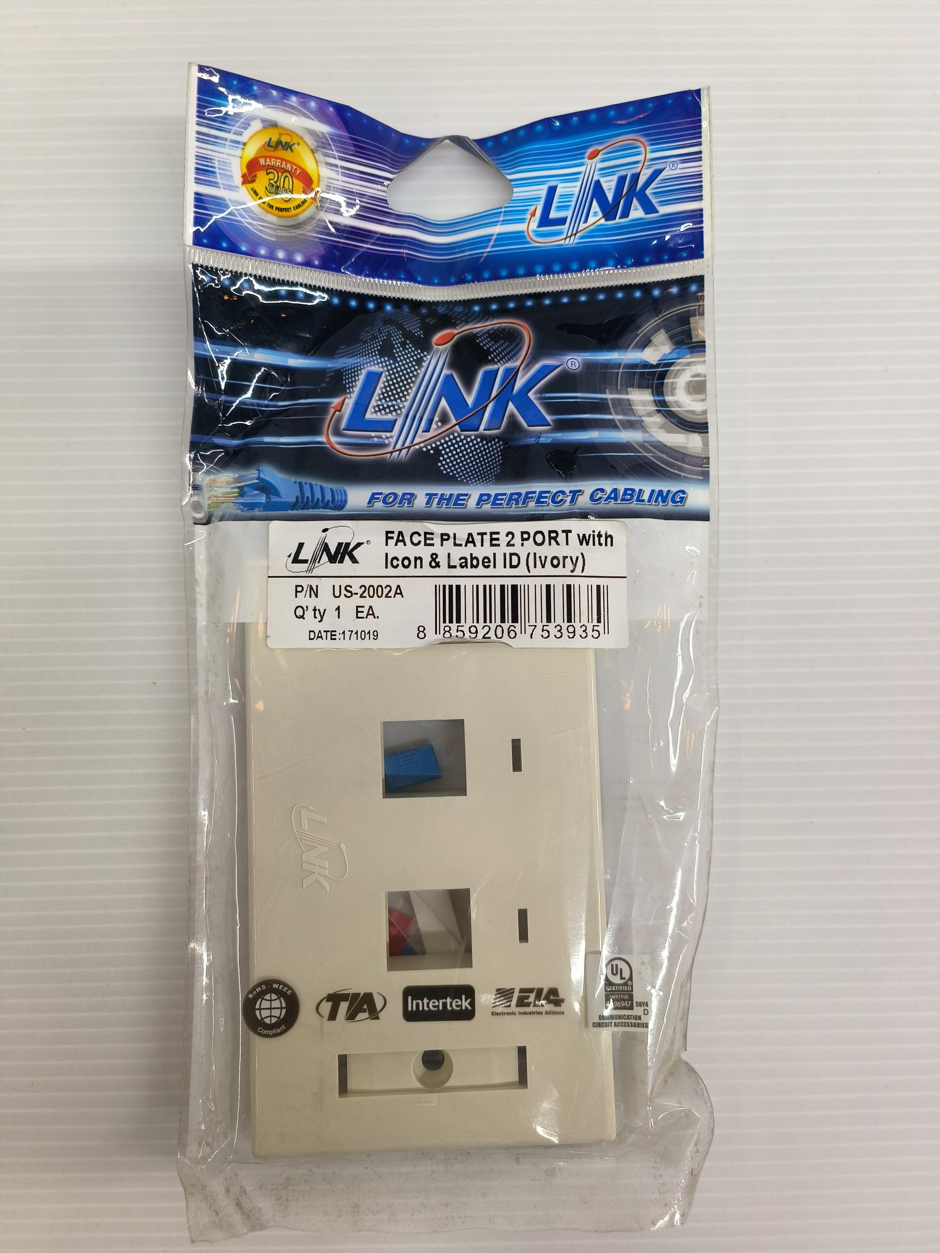 LINK หน้ากากครอบกับหัวแลน แบบ 2ช่อง มีป้ายชื่อ สีงา US2002A แบรนด์ อินเตอร์ลิ้งค์ - ระบบไฟฟ้าและระบบน้ำ ราคา 13 บาท