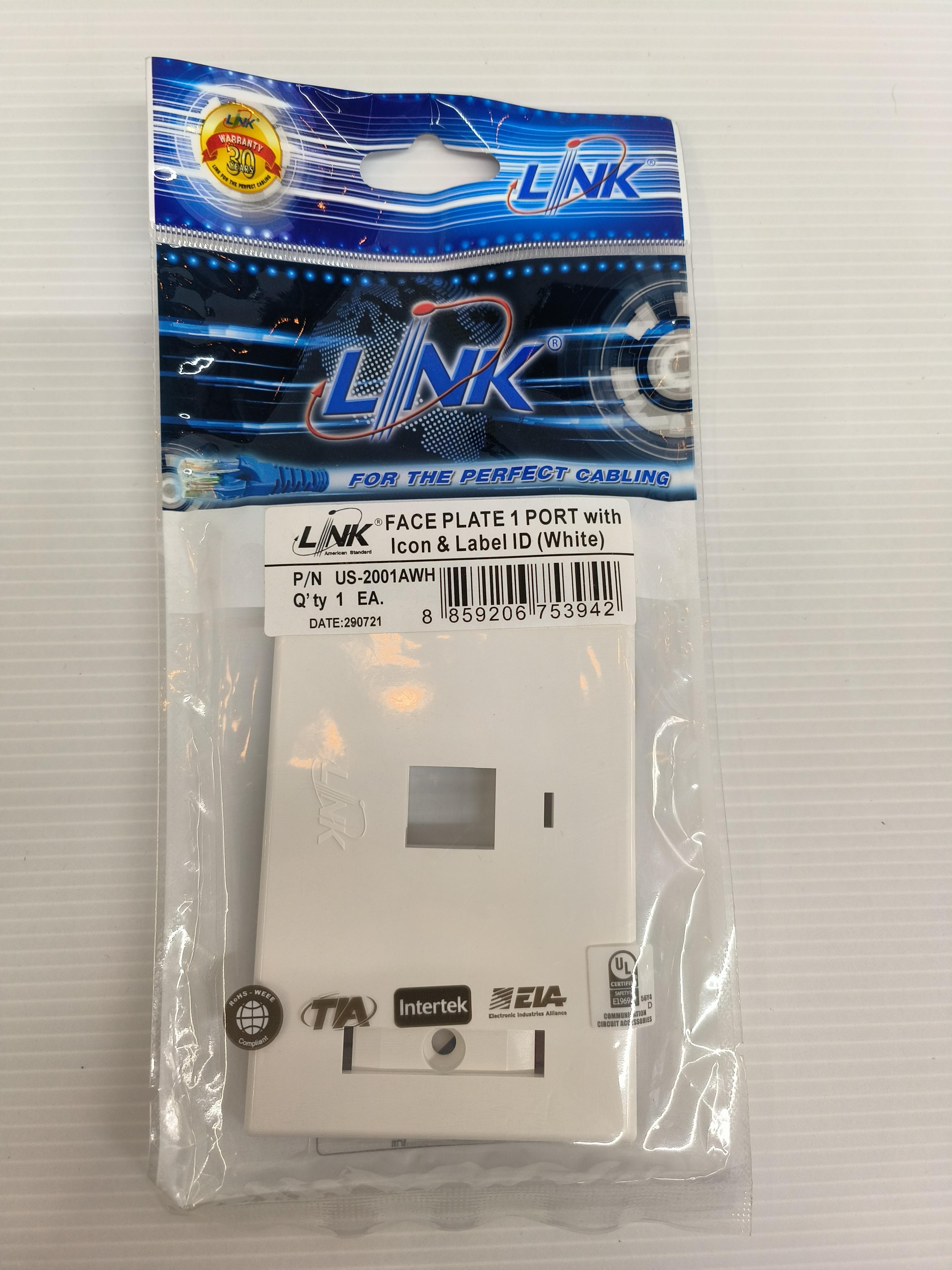 LINK หน้ากากครอบกับหัวแลน แบบ 1ช่อง มีป้ายชื่อ สีขาว US2001AWH แบรนด์ อินเตอร์ลิ้งค์ - ระบบไฟฟ้าและระบบน้ำ ราคา 13 บาท