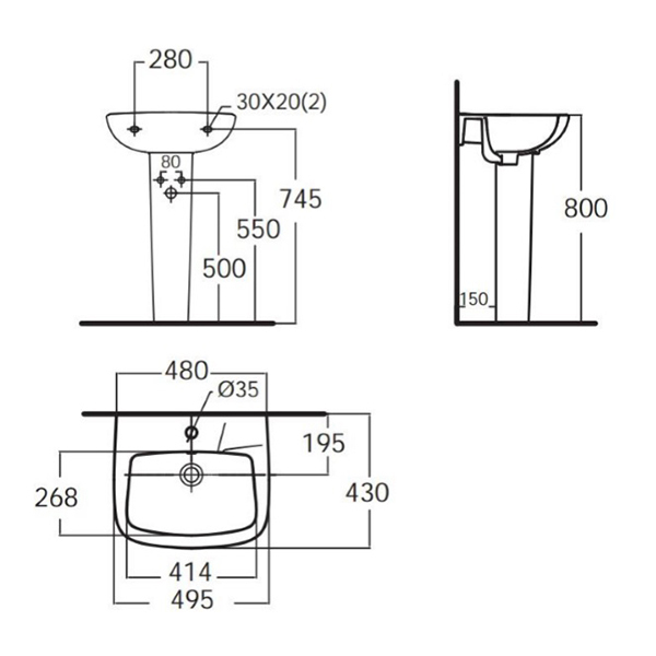 AMERICAN STANDARD อ่างล้างหน้าพร้อมขาตั้งพื้น นิว-โคตี้ WT NEW CODIE-s 430 LAVA - ภาพที่ 3