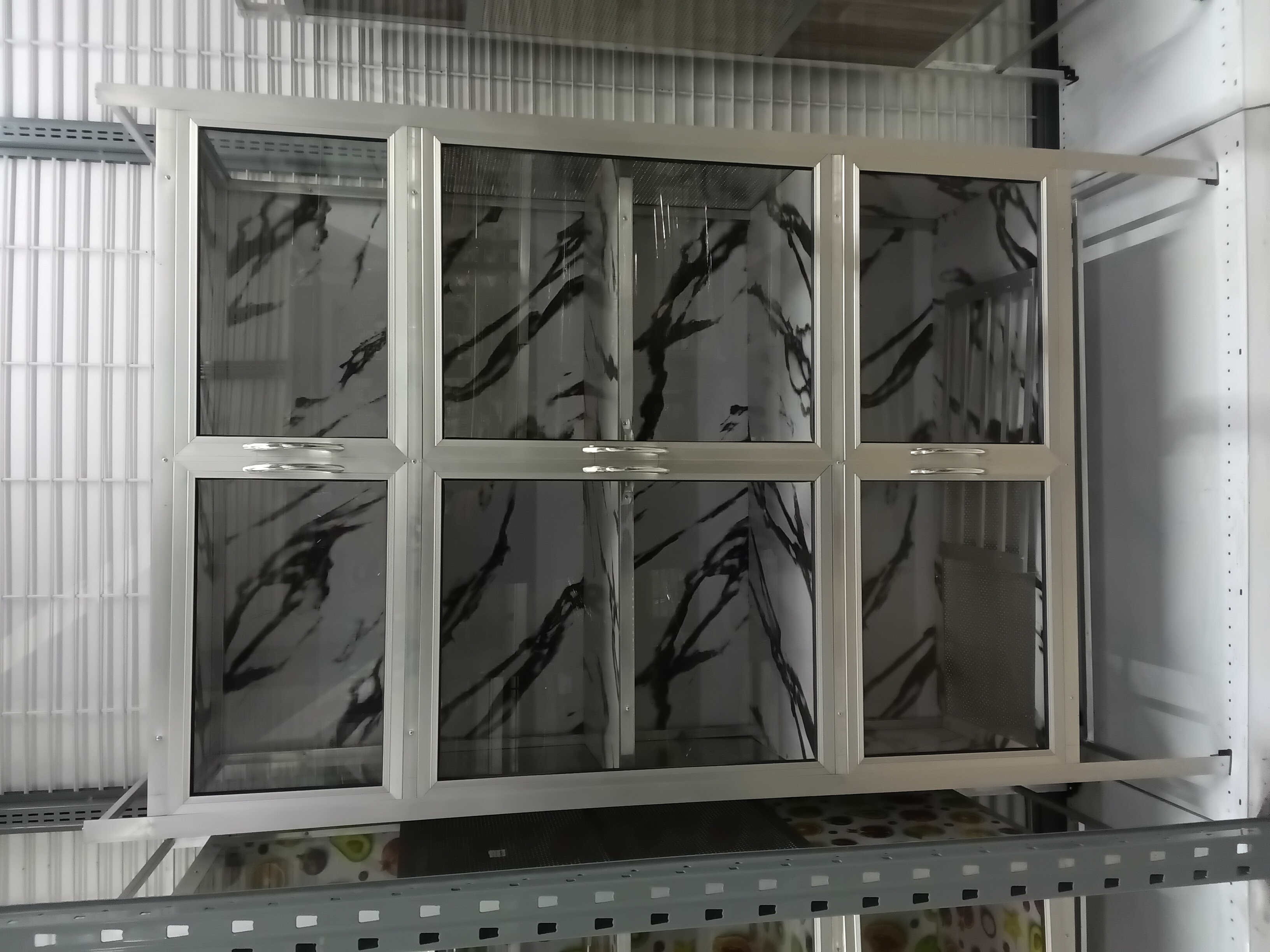 ตู้กับข้าวสูง ลายหินอ่อน บานกระจกใส 100*6(100*41*180ซม.)