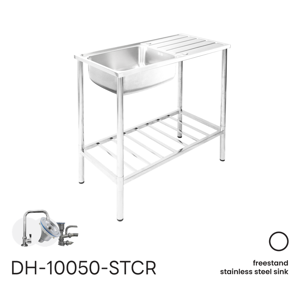 Dyna Home ซิ้งค์หนึ่งหลุมมีที่พัก พร้อมขา+ชั้นวาง หนา 0.7 mm. DH-10050-ST - ดำรงค์โฮมพลัส