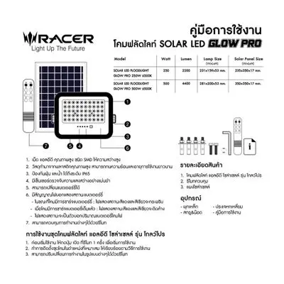 RACER โคมไฟฟลัดไลท์โซล่าเซลล์ LED โกลว์โปร 250วัตต์ แสงขาว - ภาพที่ 4