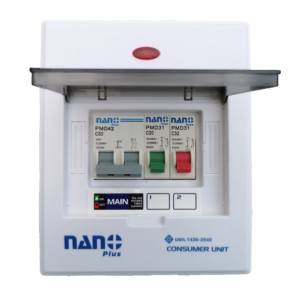 NANO ตู้คอนซูมเมอร์ เกาะราง NNP-CR63B-02 เมนRCBO+2ช่อง 63A+ลูกย่อย2ตัว(10/ลัง)