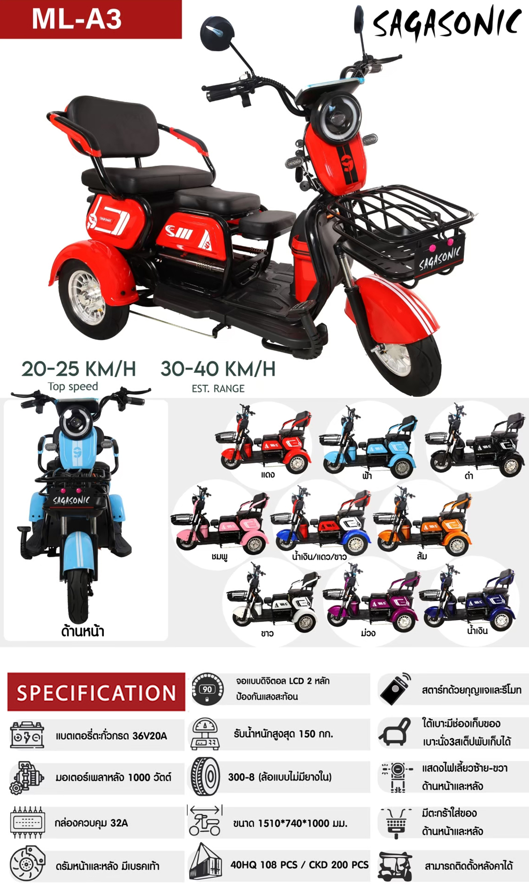 SAGASONIC จักรยานไฟฟ้าสามล้อ ML-A3 สีแดง - ภาพที่ 2